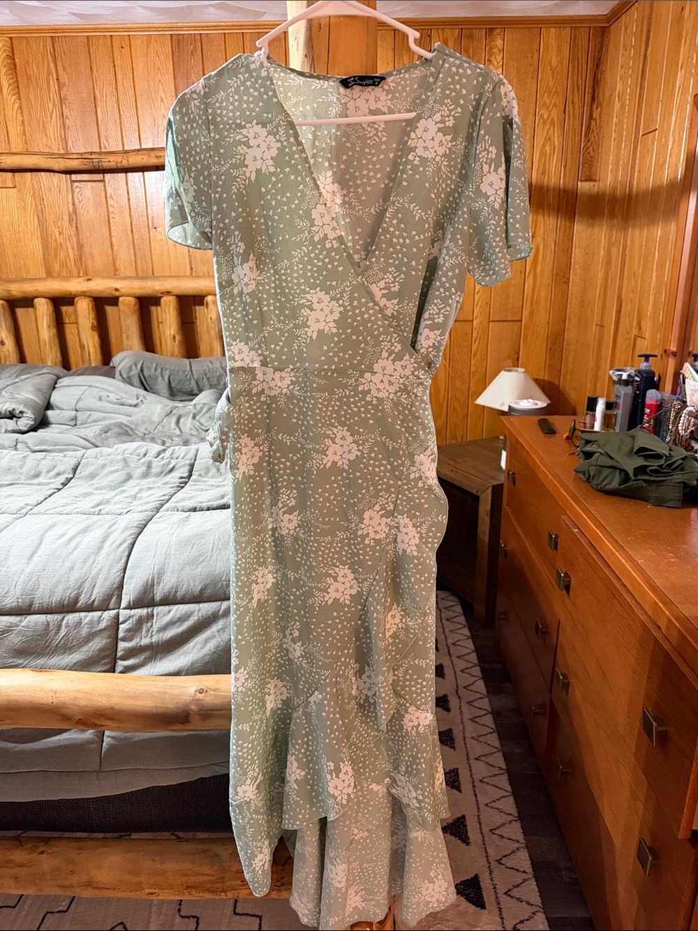 Simplee Apparel Sage Green Floral Wrap Maxi with White Print